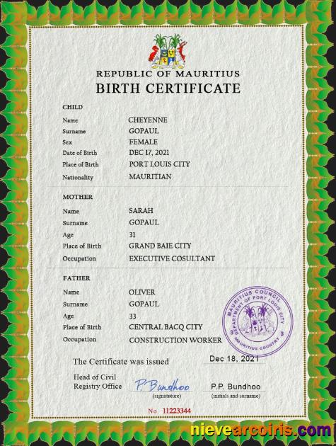 Mauritius vital record birth certificate